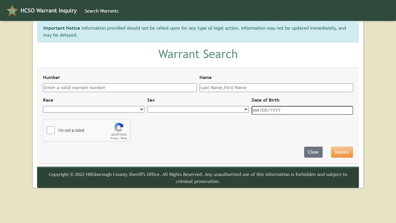 HCSO Warrant Inquiry - Hillsborough County Sheriff's Office